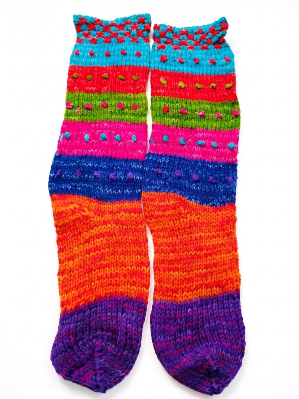 Hand-knitted multicolored wool knee-high socks